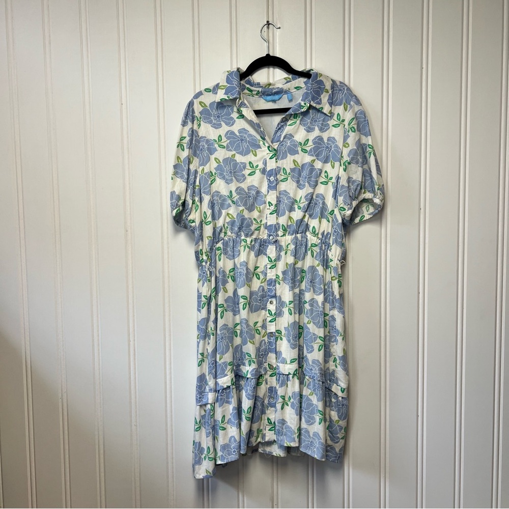 Draper James RSVP Floral Shirt Dress XL Blue White Linen Blend Tiered Dress